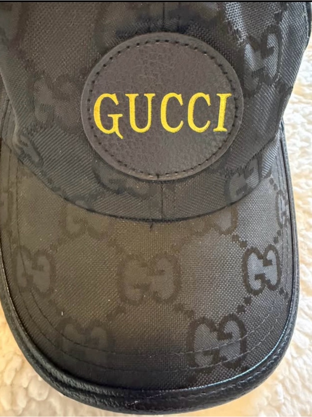 Gucci Black Canvas GG Monogram Cap with Yellow Logo